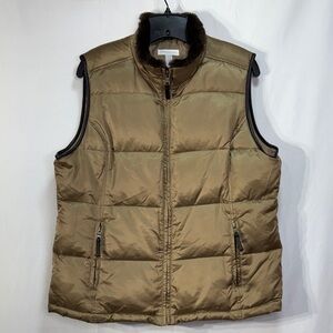 💎 Charter Club tan satin w faux fur collar and faux leather trim Puffer Vest